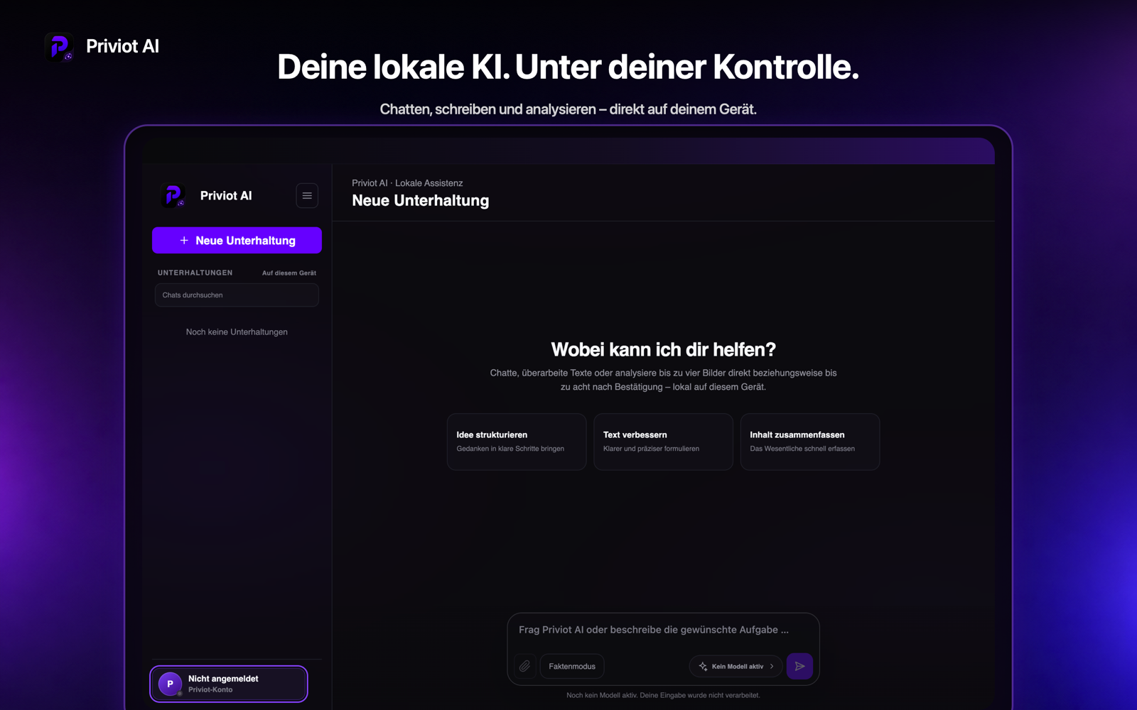 Priviot-AI-Anwendung mit Unterhaltungen, lokaler Modellauswahl und Eingabefeld