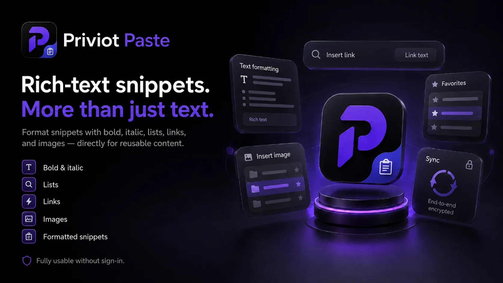 Priviot Paste with formatted text snippets containing lists, links, and images