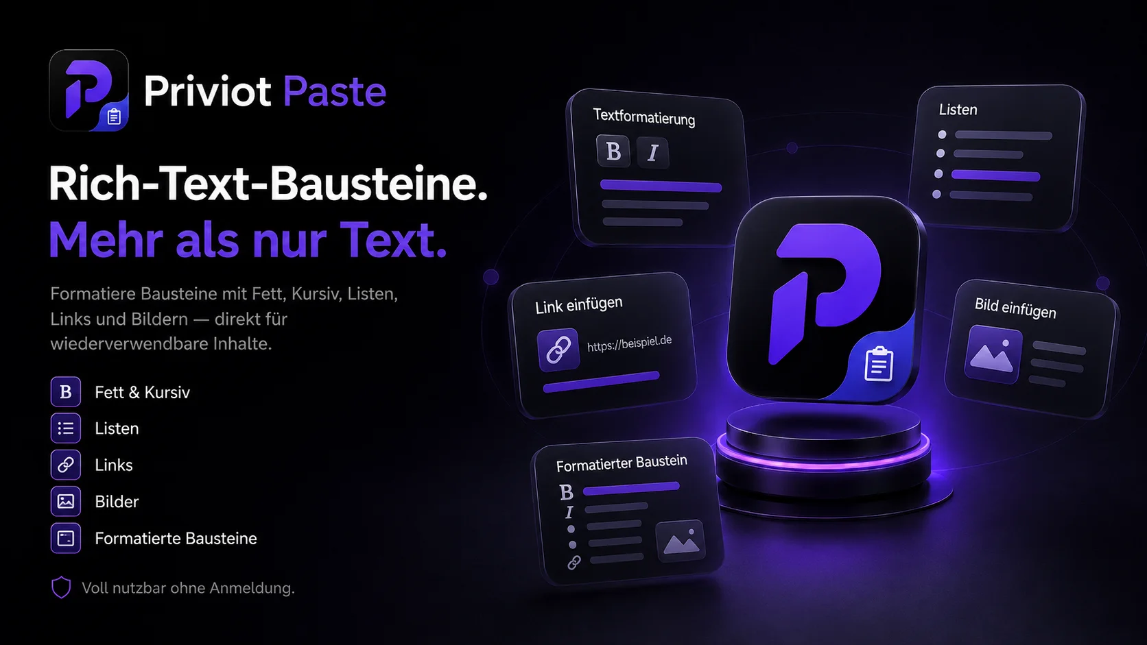 Priviot Paste mit formatierten Textbausteinen, die Listen, Links und Bilder enthalten
