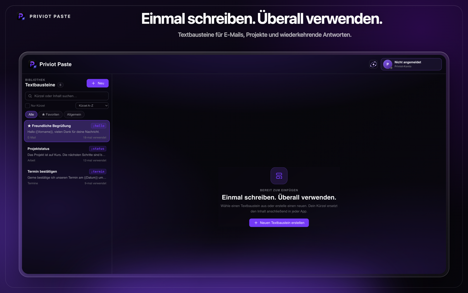Priviot-Paste-Symbol umgeben von Zwischenablage-, Textbaustein-, Auslöser- und Ordnersymbolen
