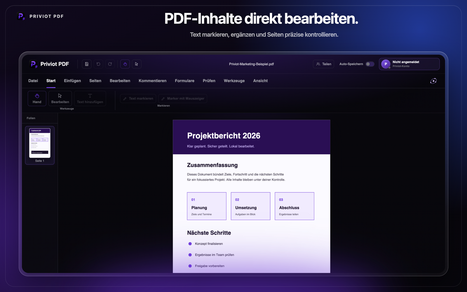 Priviot PDF Übersicht zu Textbearbeitung, Formularen, Zusammenführen und Komprimieren