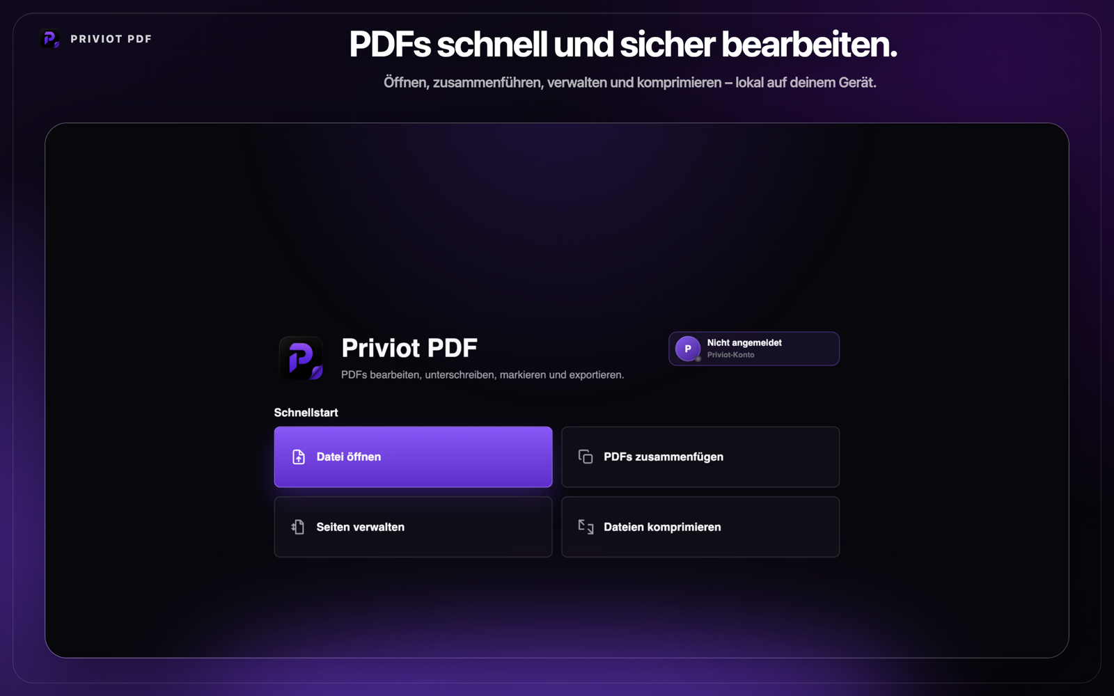 Priviot-PDF-Symbol umgeben von Symbolen für Dokumente, Seitenverwaltung, Schutz und Signatur