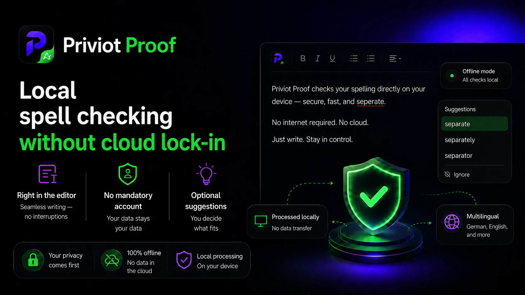 Priviot Proof runs fully locally, without an internet connection and without mandatory cloud use