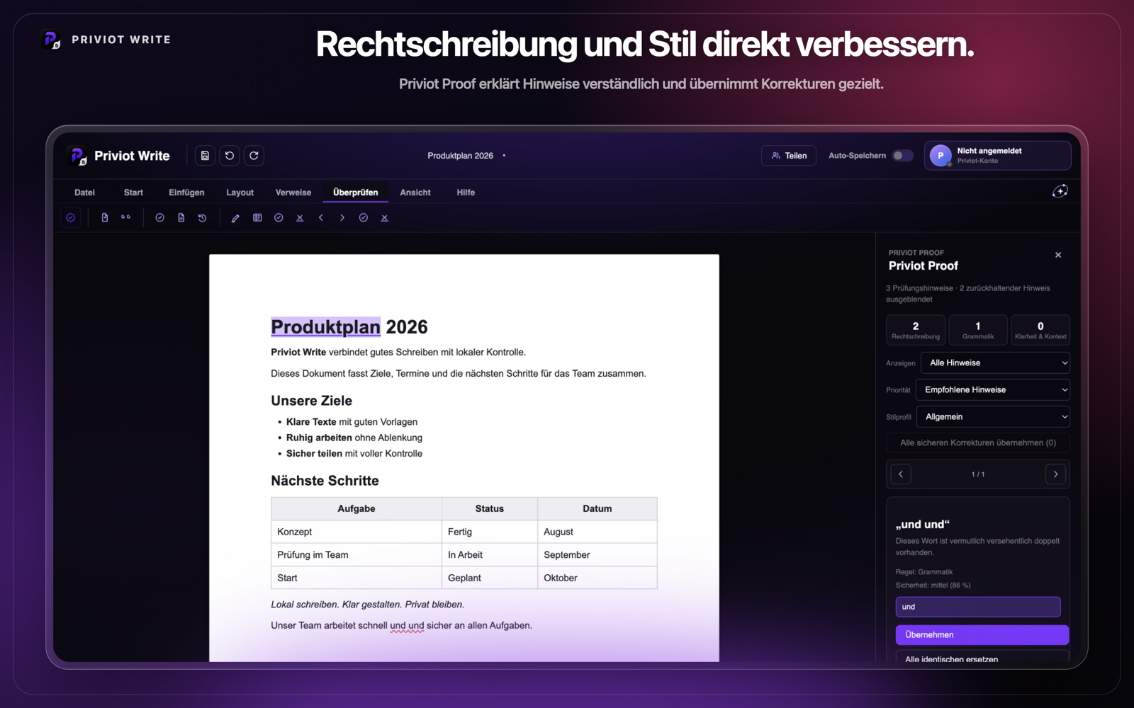 Priviot Proof prüft einen Text direkt in Priviot Write