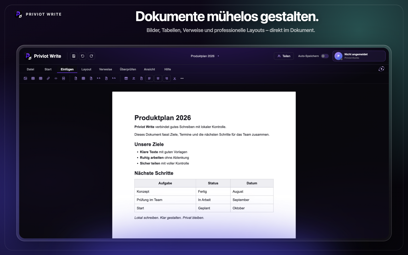 Werkzeuge zum Einfügen von Bildern, Tabellen, Links und Trennlinien in Priviot Write